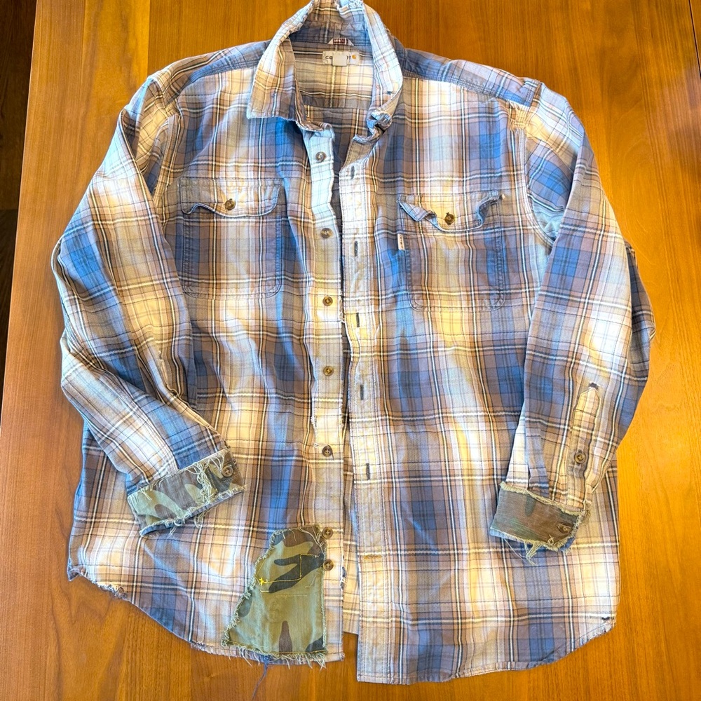 Carhartt Intentionally Distressed Patched work shirt heavy twill plaid camo 2XL